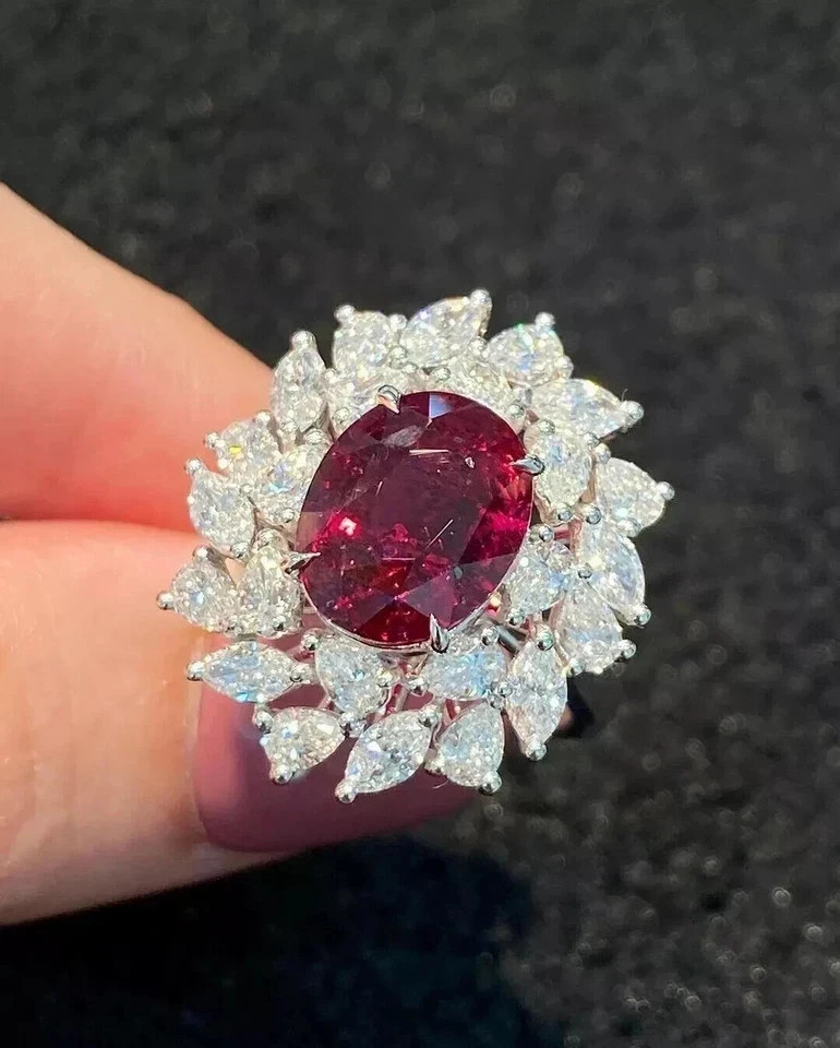 7.32 Ct Oval Cut Certified Natural Ruby & Diamond Engagement Ring 14K White Gold