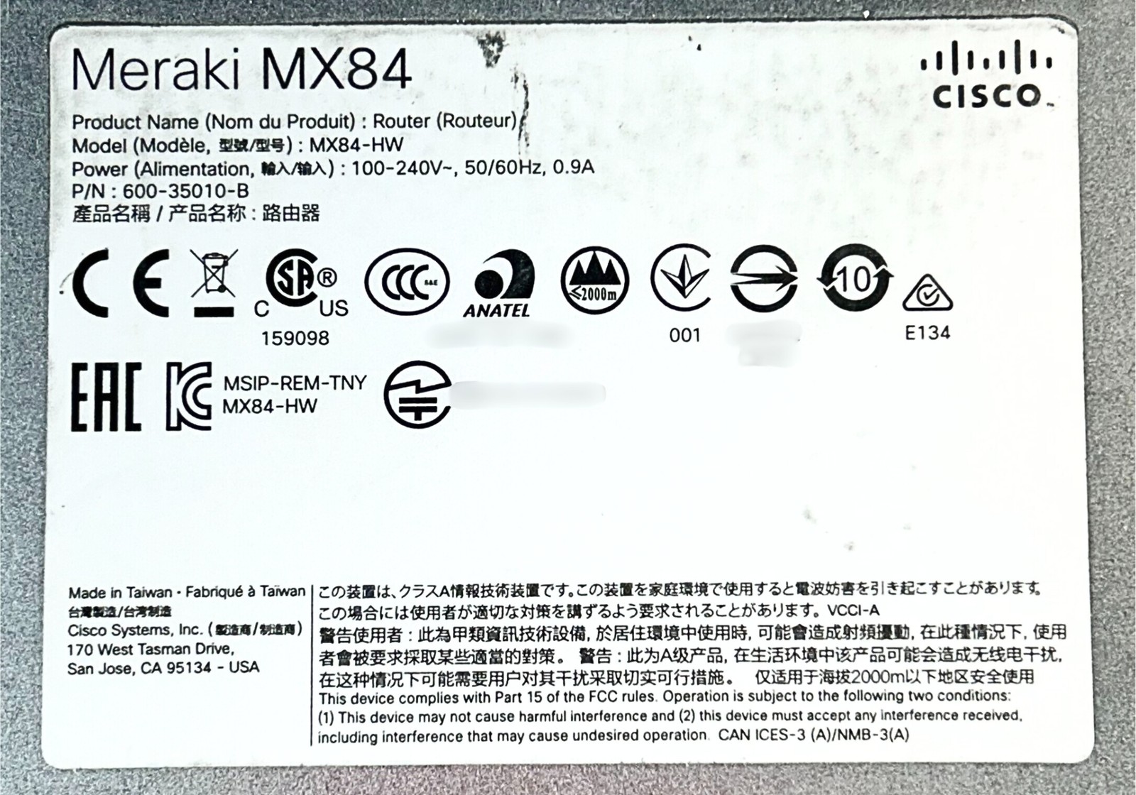 Cisco MERAKI MX84-HW Cloud Managed Security Appliance