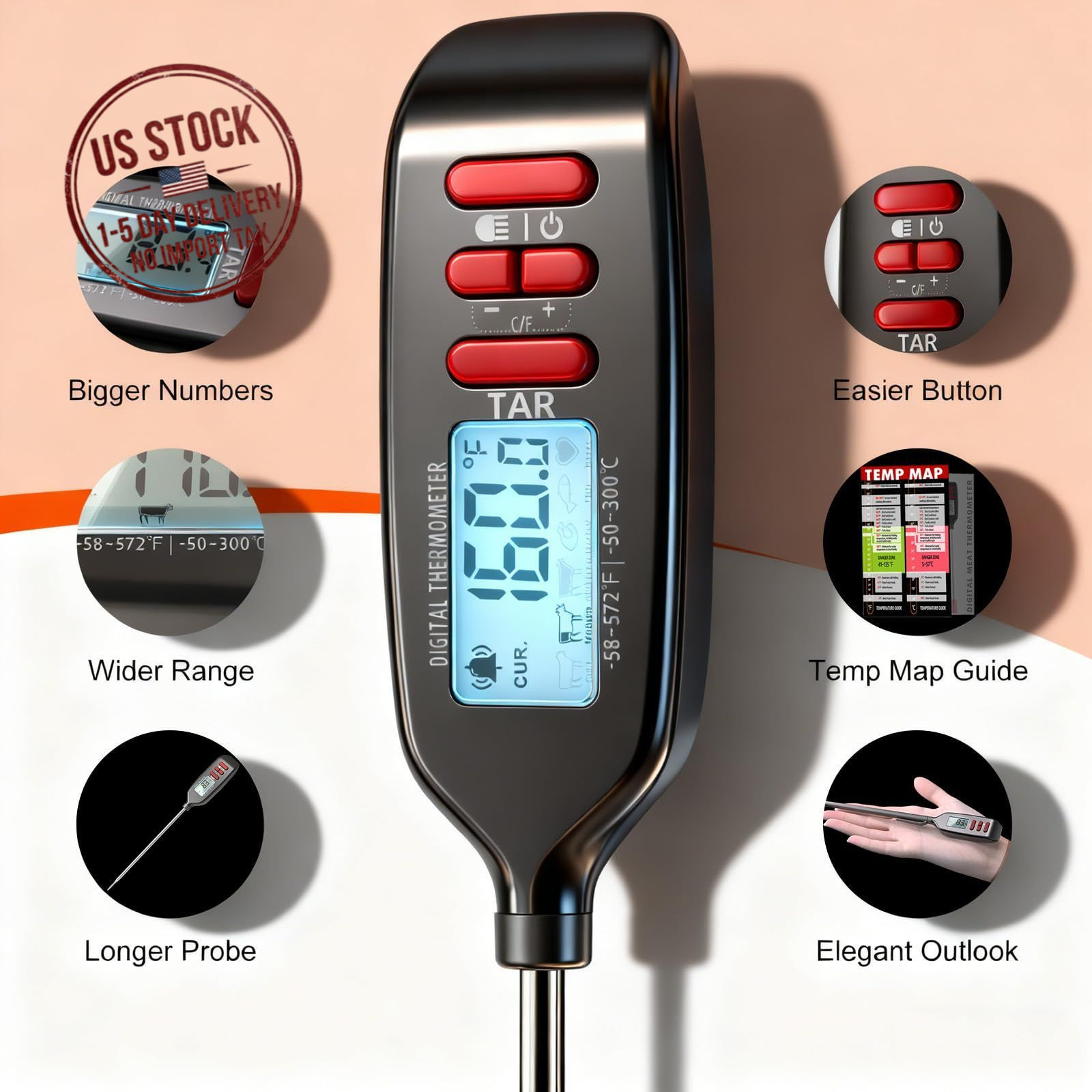 Instant Read Food Thermometer Long Probe for Cooking Grilling Baking BBQ Kitchen