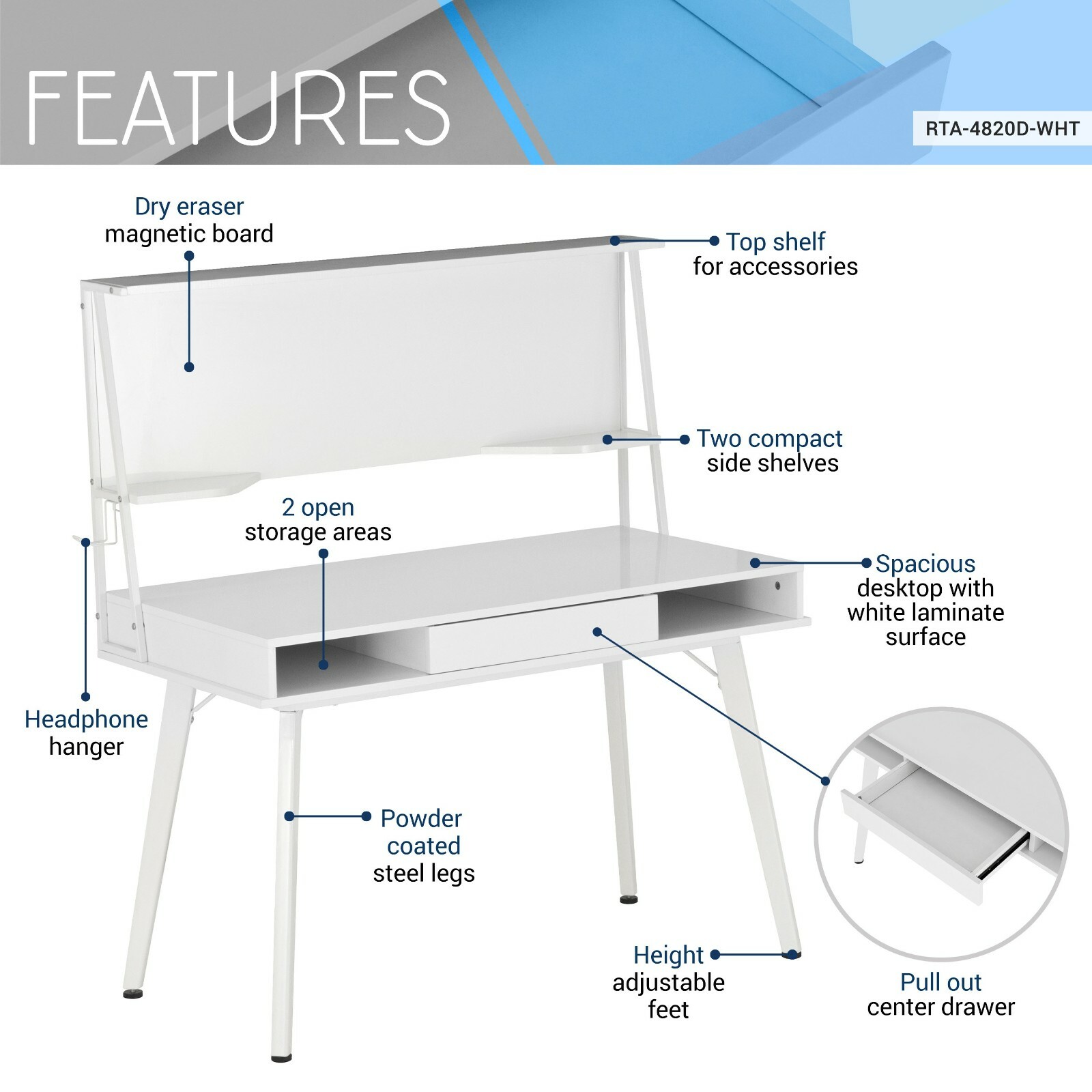 Techni Mobili Study Desk Computer Workstation w/ Multiple Storages & Whiteboard