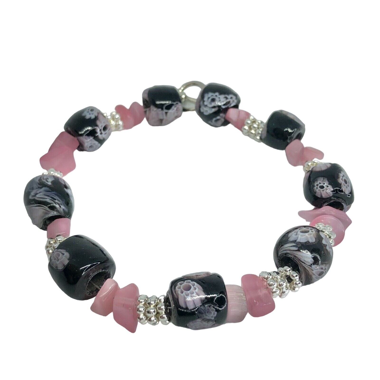 Handcrafted Beaded Bracelet Black Floral Pink Silver Beads Unique