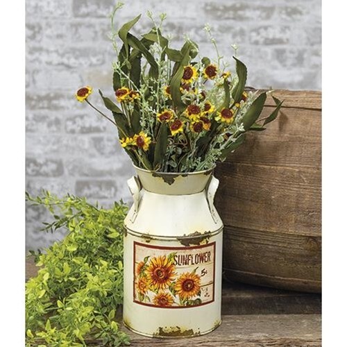 Farmhouse SUNFLOWER MILK CAN Pot Vase Bucket Primitive  Chic Metal Cream New