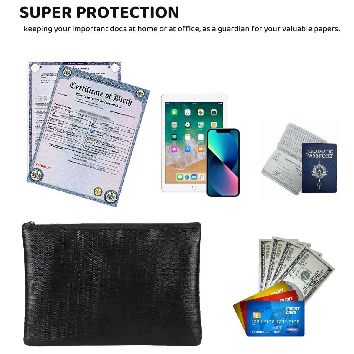 2000℉ Fire Proof money Bag Fireproof Document Pouch Waterproof Safe Cash US