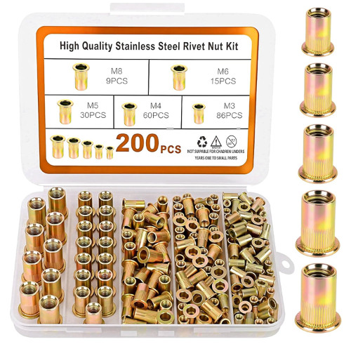200PCS Metric Rivet Nut Kit M3 M4 M5 M6 M8 Rivnut Threaded Insert Assortment