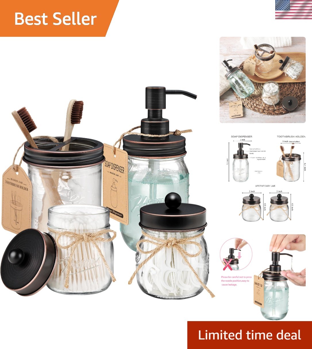 Mason Jar Bathroom Accessories Set 4 Pcs -Lotion Soap Dispenser & 2 Qtip Hold...