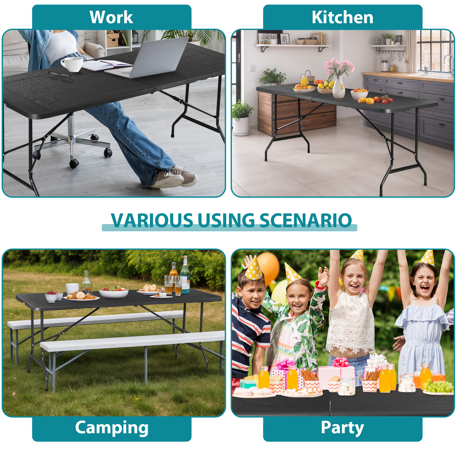 Folding Table 6 FT Portable Heavy Duty Plastic Fold-in-Half Utility Park Black