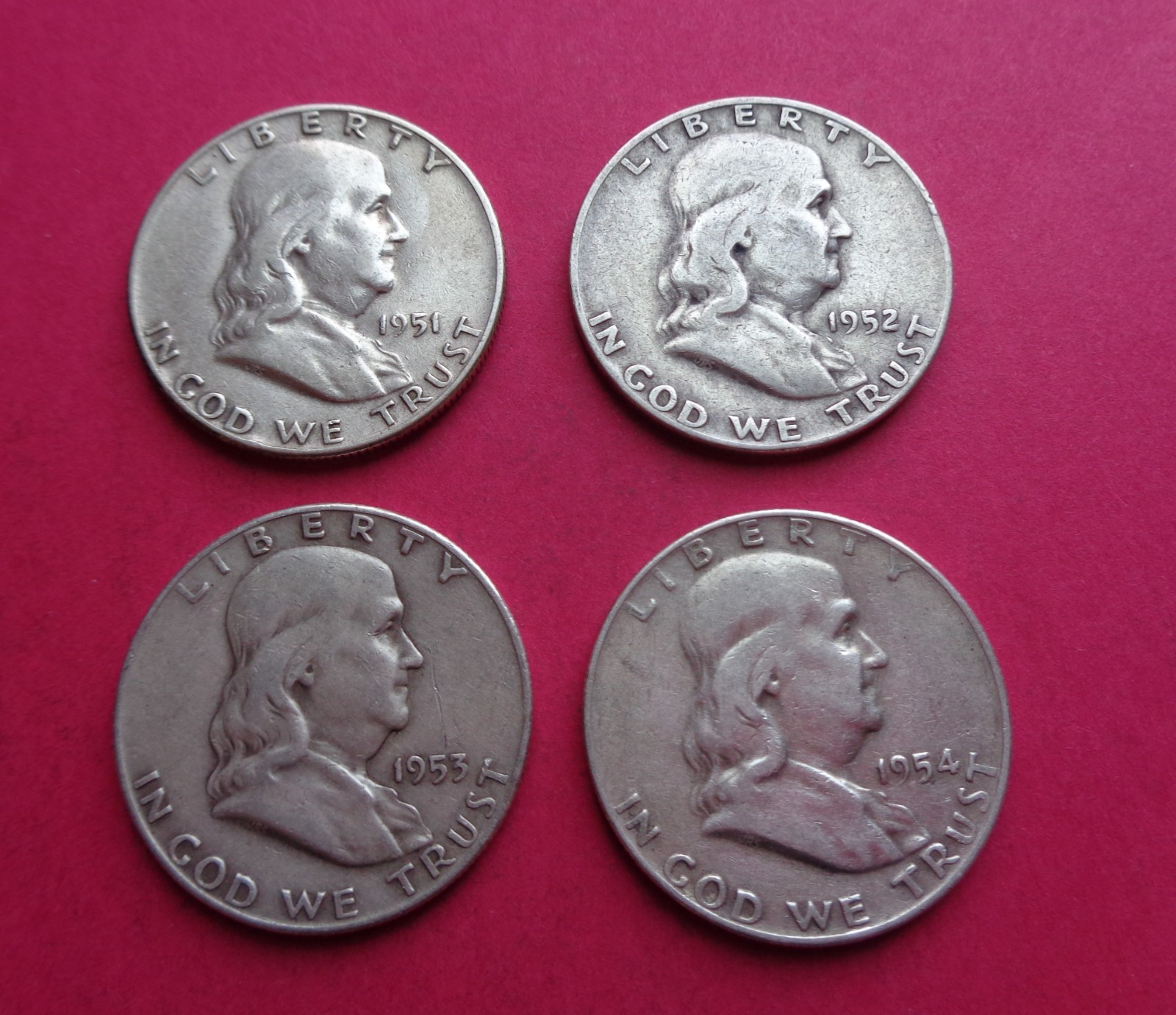 1951,1952,1953-D & 1954-D  LOT OF 4 (90% SILVER)  FRANKLIN HALF DOLLARS