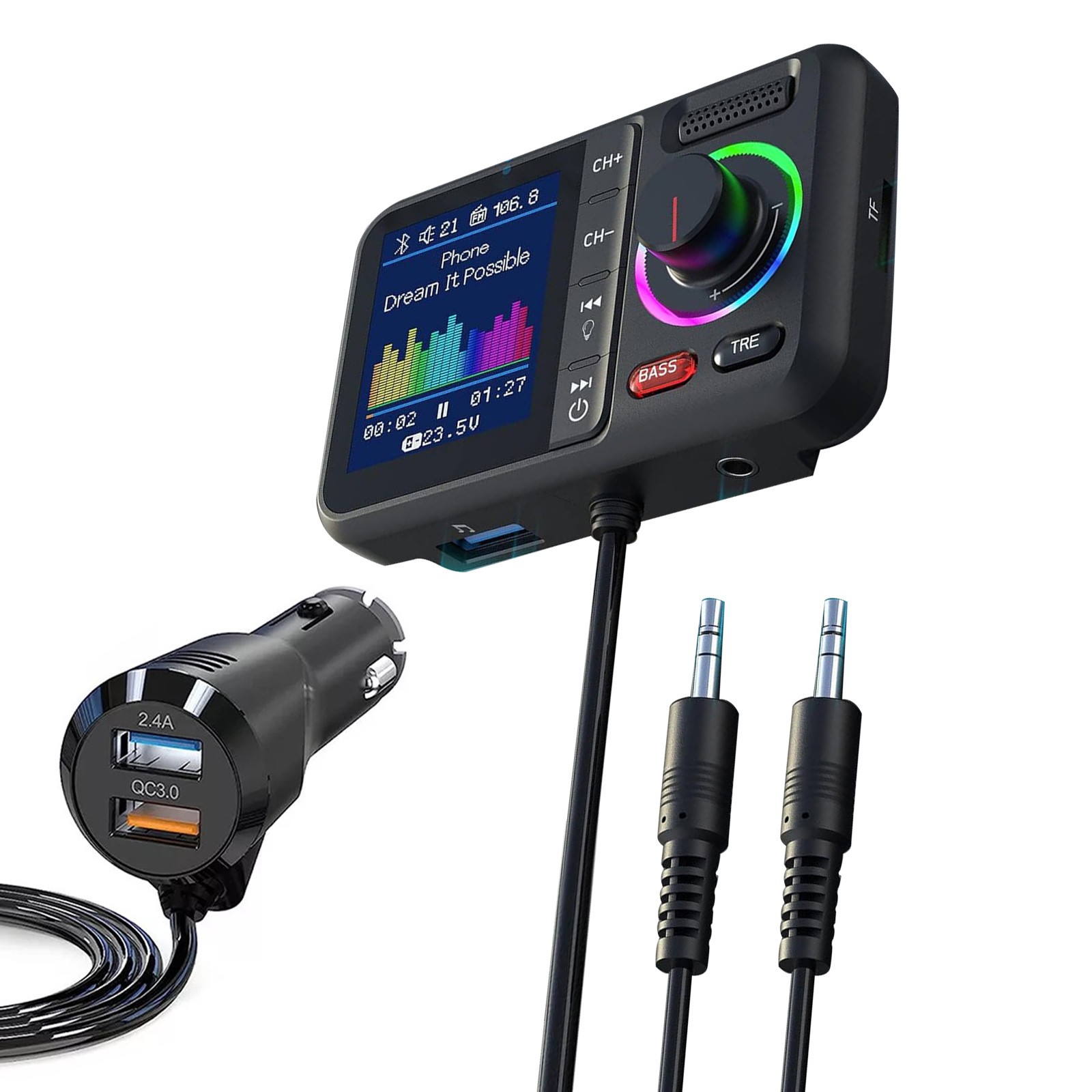 Bluetooth 5.0 Car Wireless FM Transmitter Adapter USB PD Charger Hands-Free