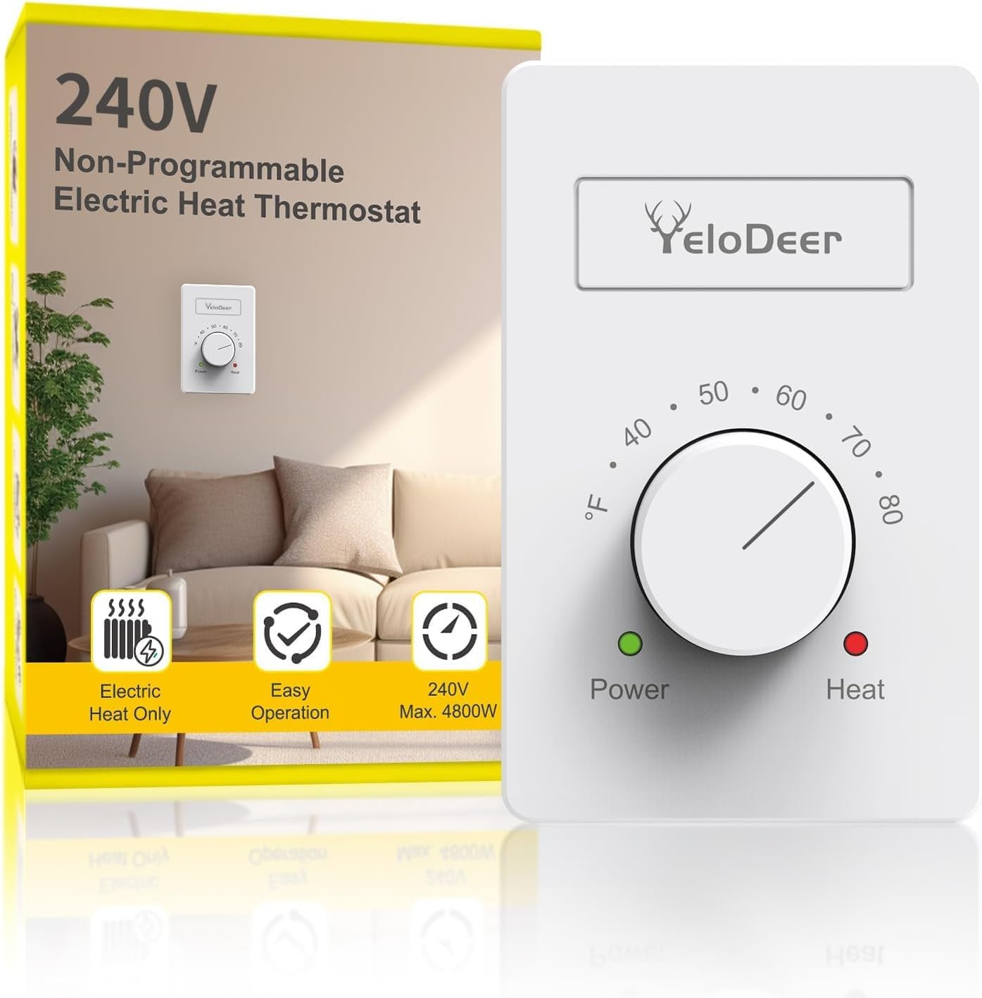 240 V Only 4-Wire Manual Electric Baseboard Heater Thermostat for Home,