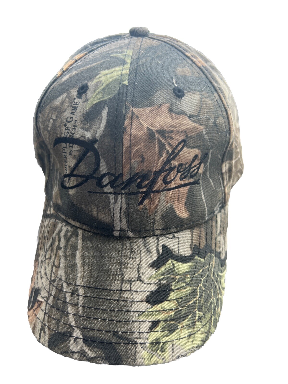 Danfloss Black Script on Camouflage Hat Cap Greens Brown Strap Buckle EUC
