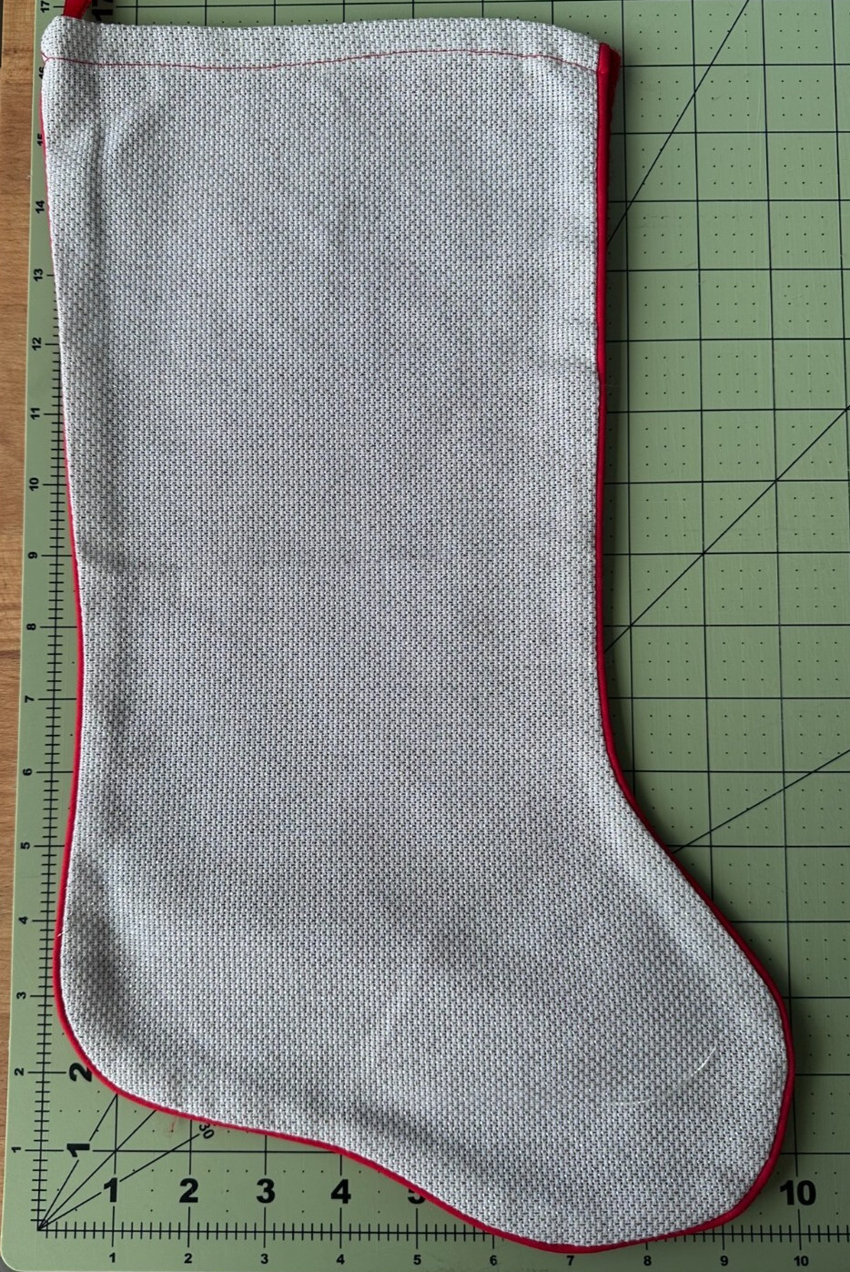 Stocking, pre finished, un stitched, gold/white 14 ct fabric on front