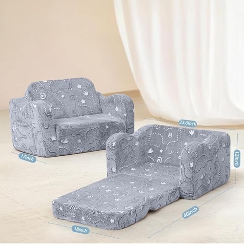 Kids Dinosaur Couch – Foldable Toddler Chair, Glow-in Polyester Gray Dinosaur