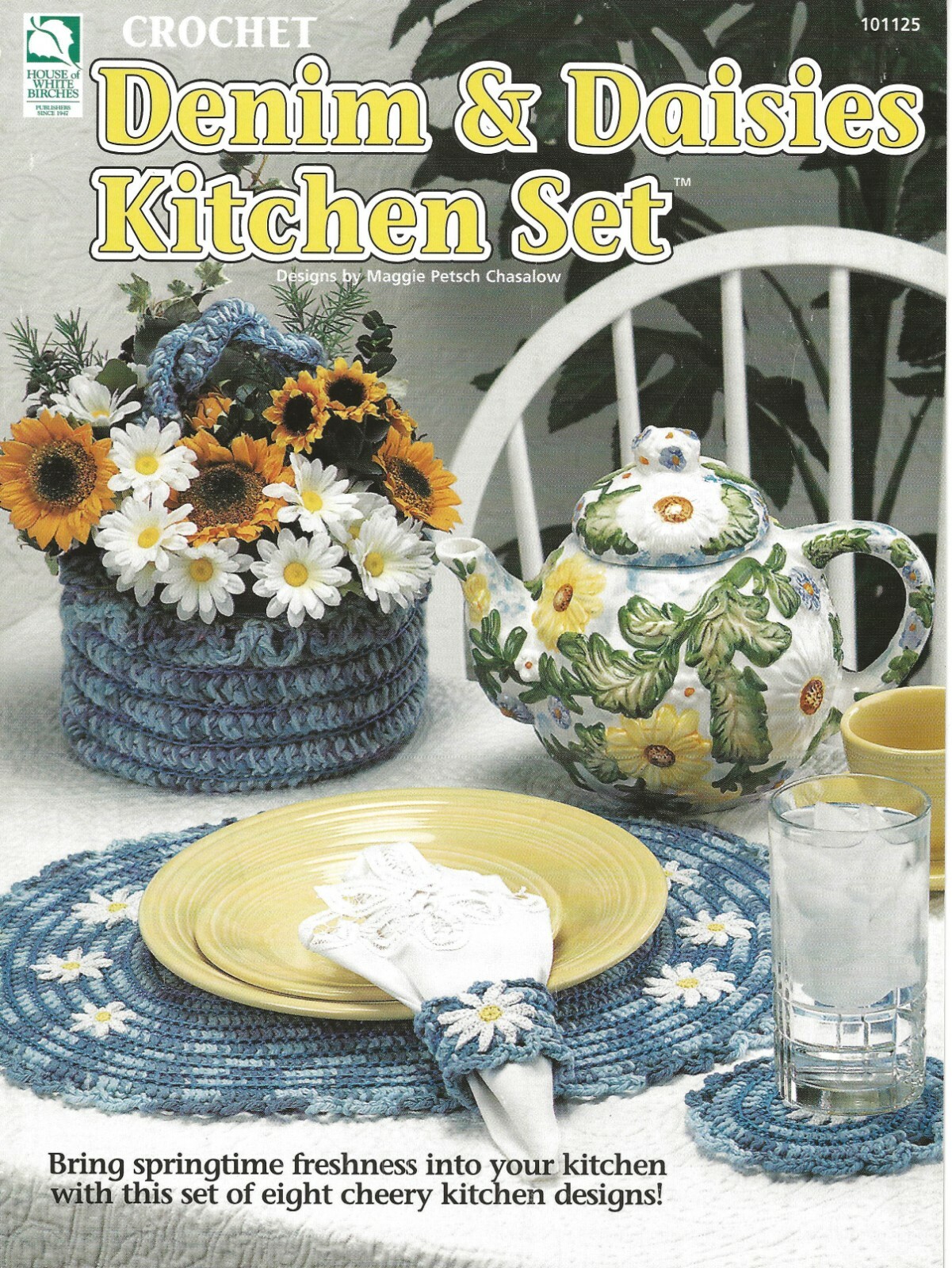 Denim & Daisies Kitchen Set Crochet Basket Coasters Hot Pad Chair Cushion BOOK