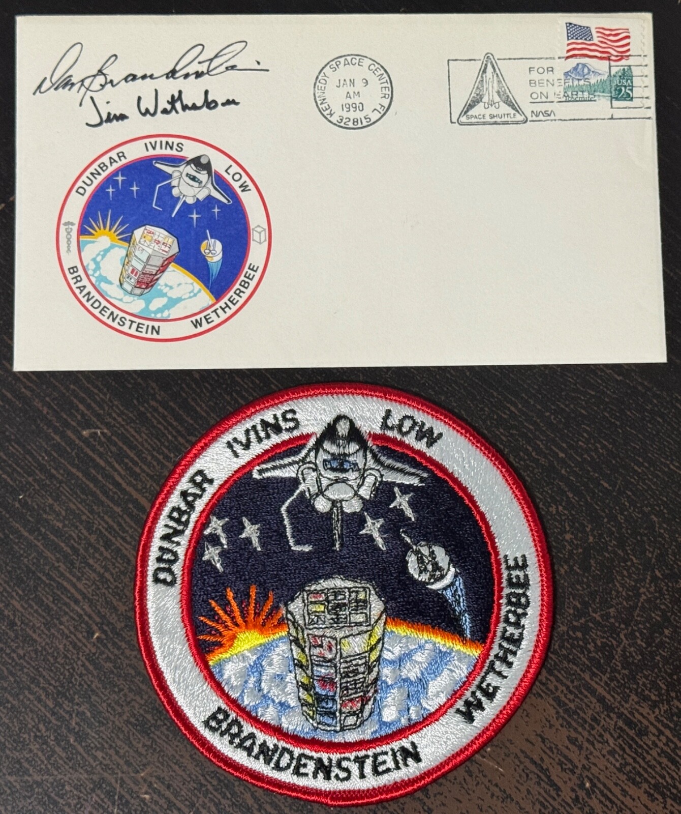 STS 32 Embroidered Crew Patch & Launch Cover signed by 2 Astronauts