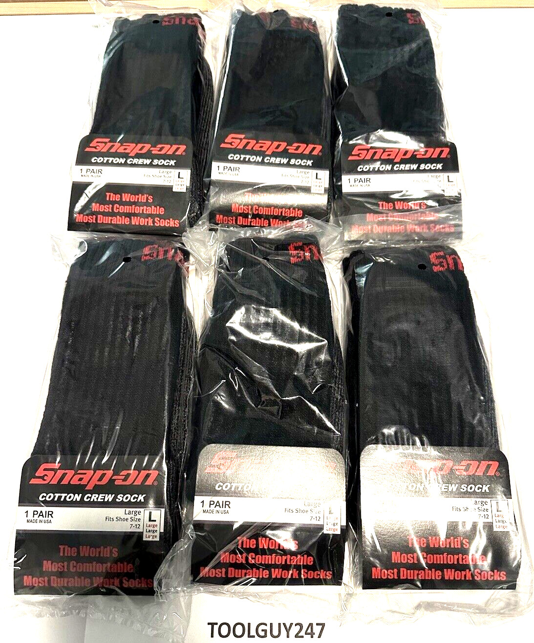 SNAP ON SOCKS 6 Pairs Crew Socks Men's BLACK LARGE MADE IN USA FREE SHIPPING!!
