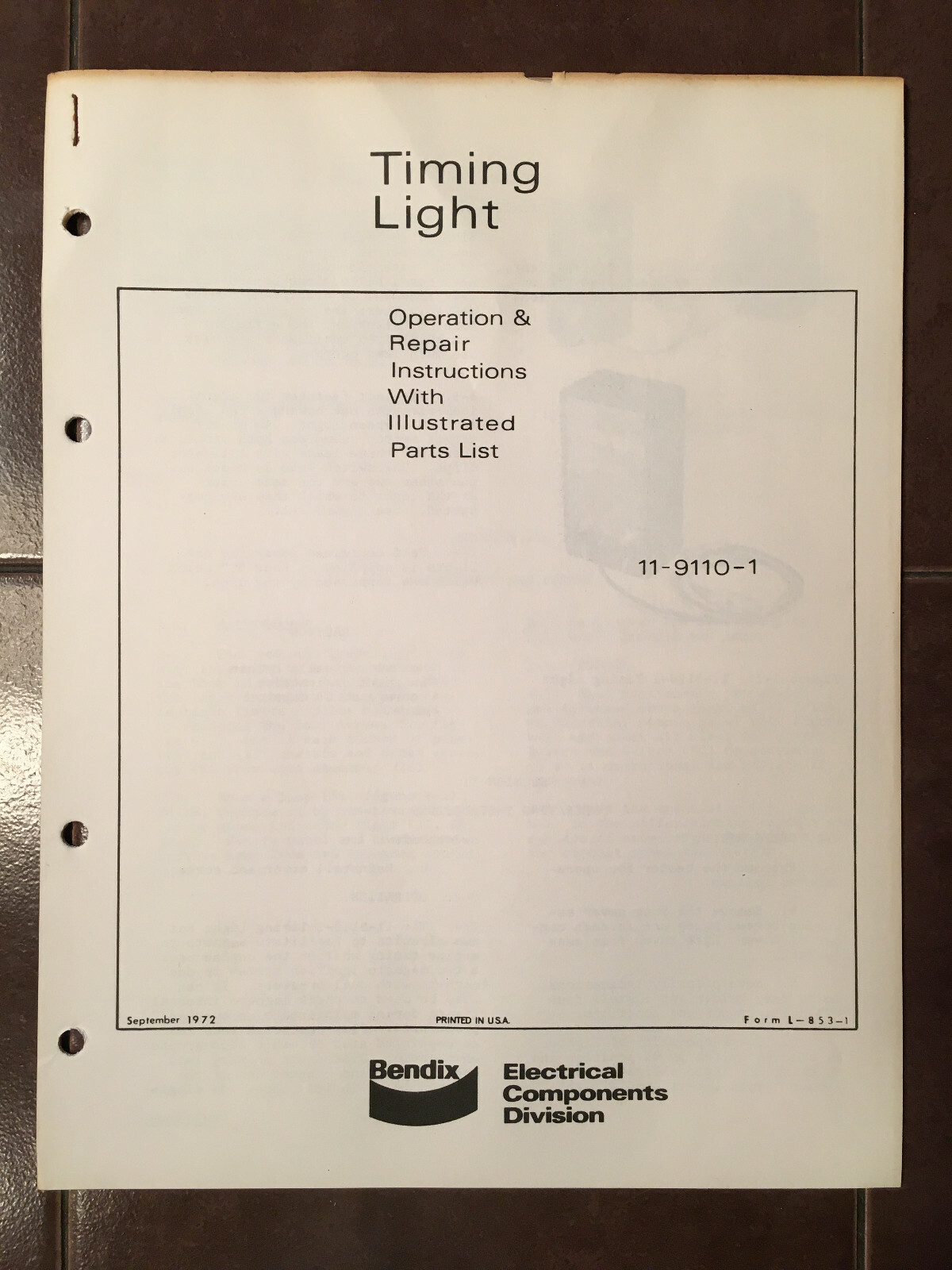 Bendix Timing Light 11-9110-1 Operation, Repair, Service & Parts Instructions
