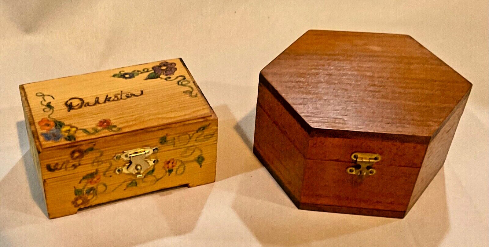 2 small, wood, hinged trinket boxes , 1 hand painted