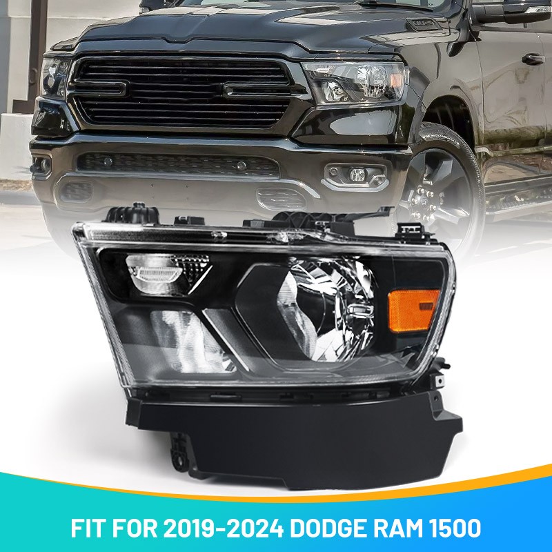 For Dodge Ram 1500 2019-2024 Halogen w/ Black Bezel Headlight W/ Bulbs Driver