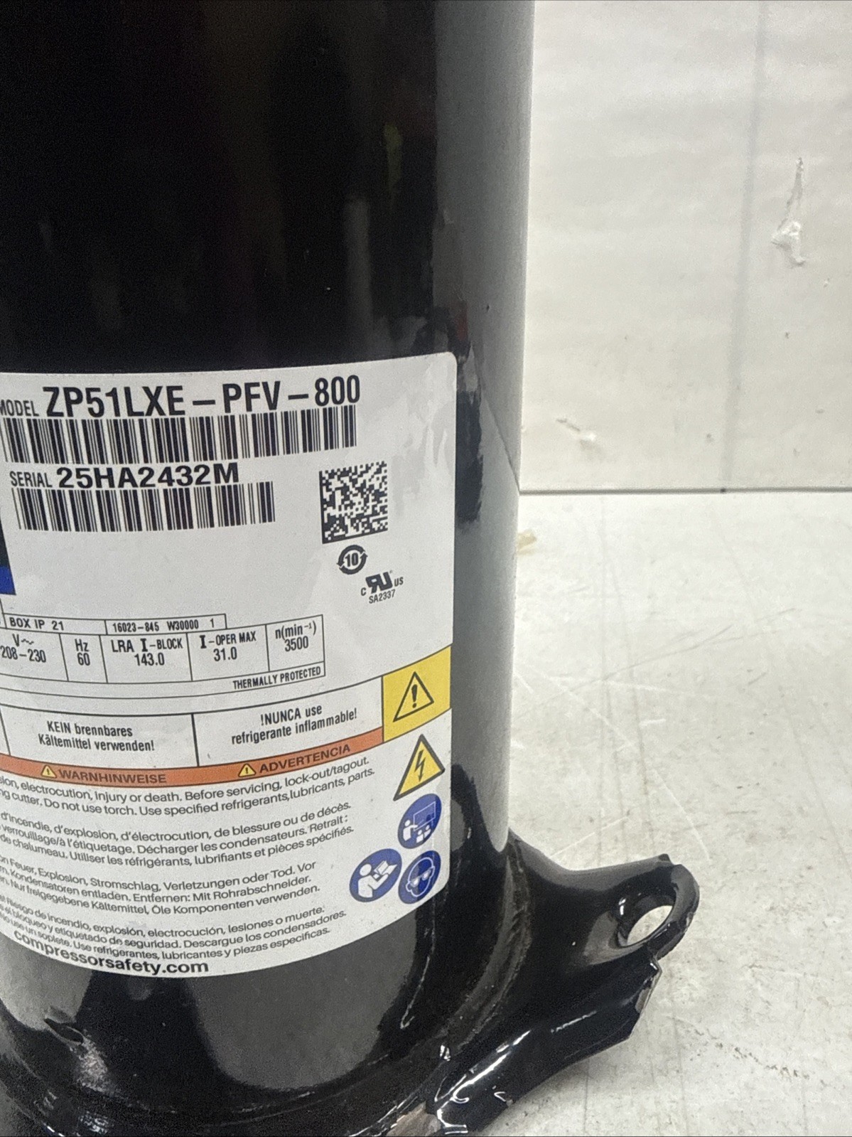 Copeland ZP51LXE-PFV-800 Hermetic Scroll Compressor R410A, 51,000BTU, 208/230Vac