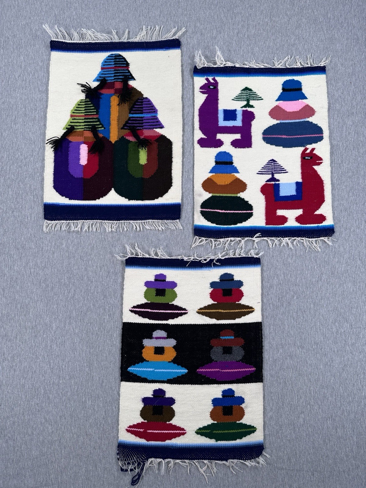 Vintage Set Of Three Peruvian Textile Woven Rug Table Mats