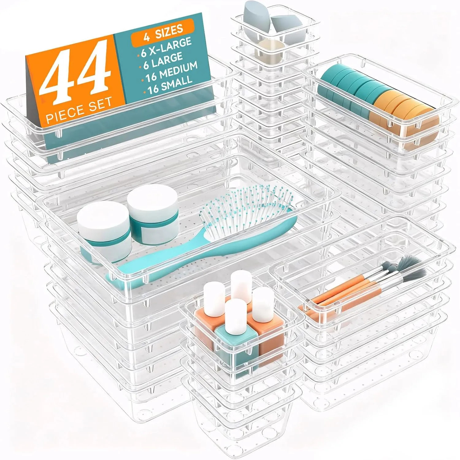 44 Piece Clear Plastic Drawer Organizer Set Storage Bins For Office And Bathroom