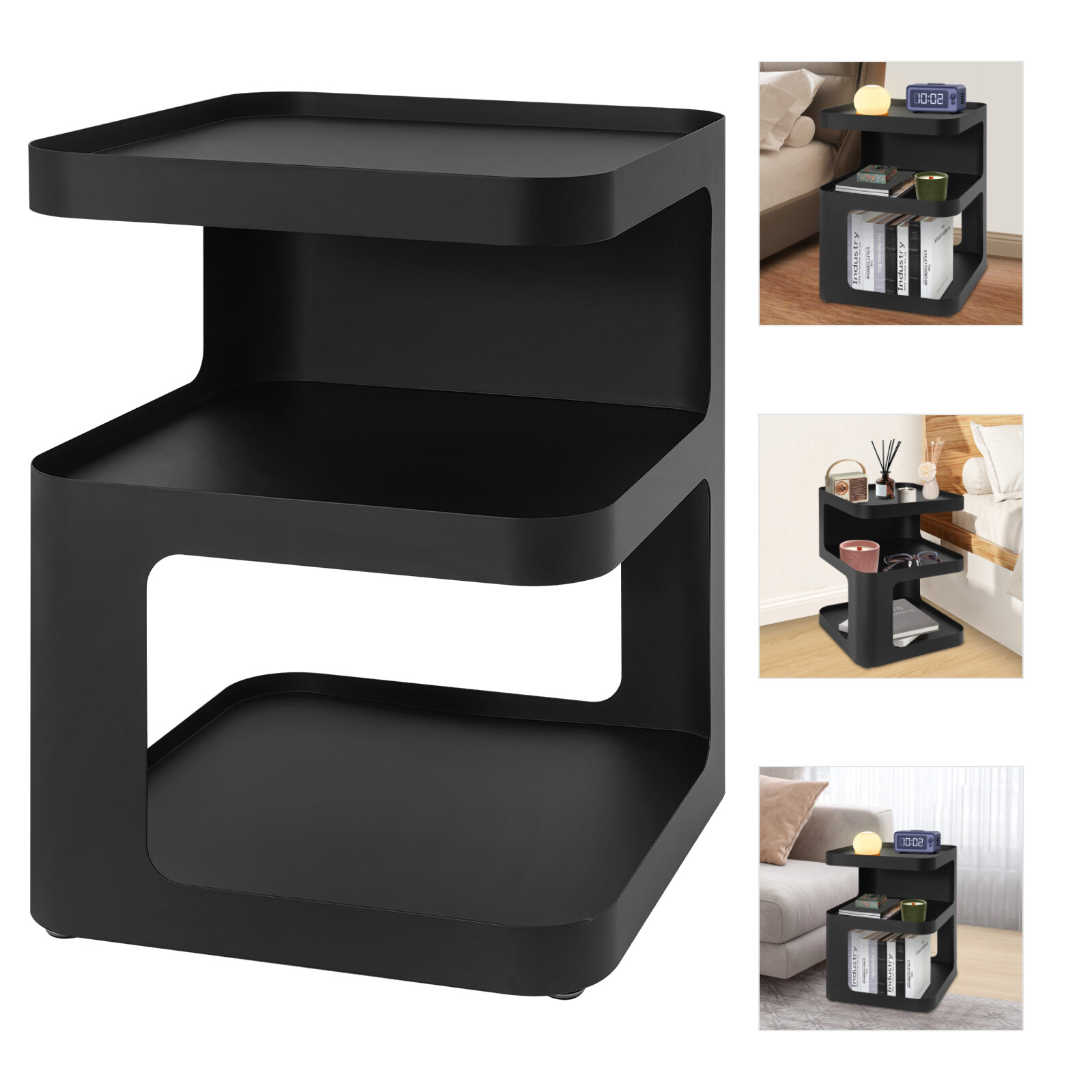 Modern 3 Tiers Side Table,Black Metal Nightstand, 40*40*54cm Square End Table