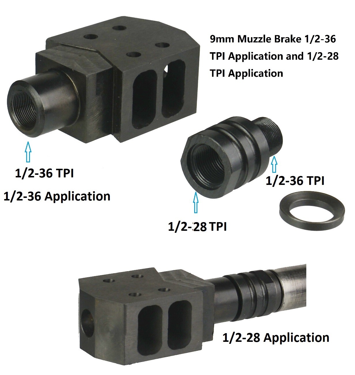 9 mm Competition Tanker Muzzle Brake For Both 1/2-36 and 1/2-28 TPI Steel Black