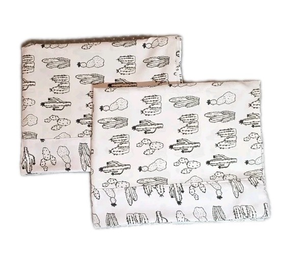 Set of 2 White Pillowcases W Black Cactus. 100% Polyester 20 X 31.5 Queen