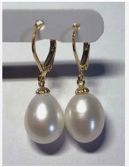 Genuine Natural AAA+++ 9-8 Mm South Sea White Pearl Earrings 14k Yellow Gold