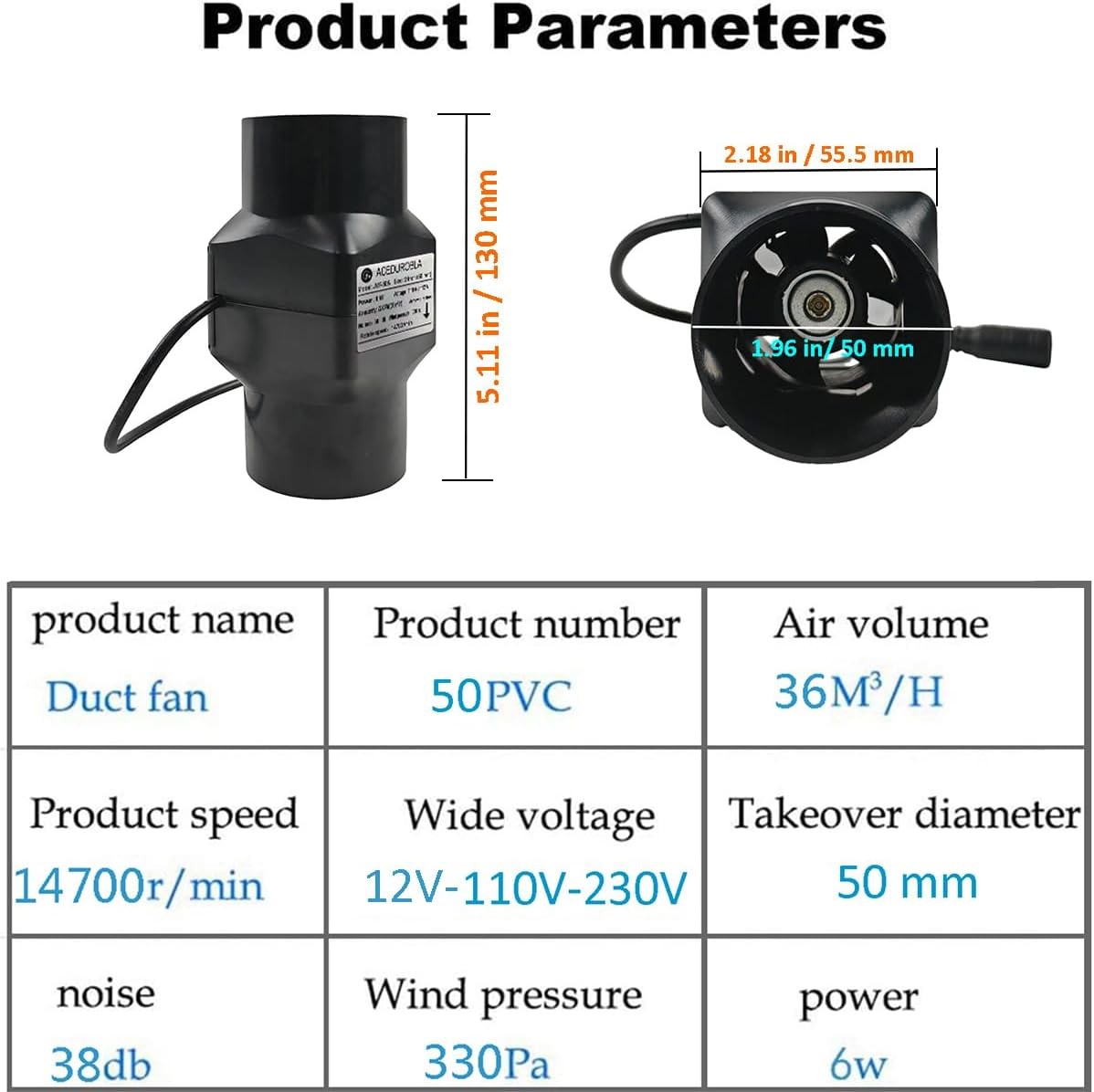 2 inch Inline Duct Fan, 2'' 22 CFM Ventilation System High Small, 2inch-Black