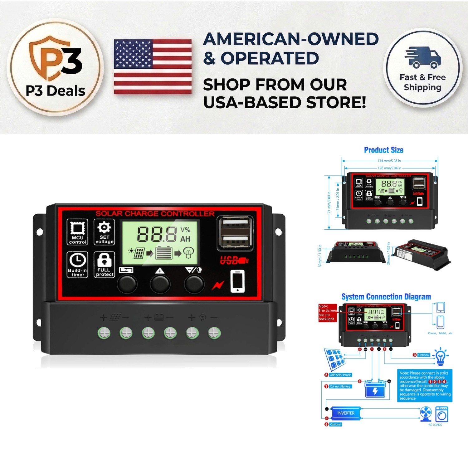 Intelligent 30A Solar Battery Regulator with Dual USB Charging - Safe & Durable