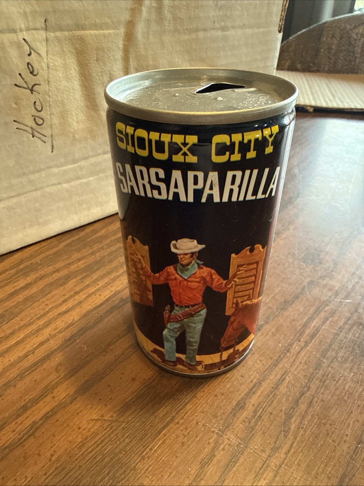 Sioux city Sarsaparilla soda can steel pull tab cowboy western scene Great
