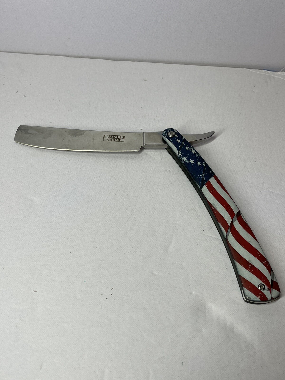 Defender-Xtreme 10" Straight Razor USA Flag Folding Knife 3CR13 Stainless 13238