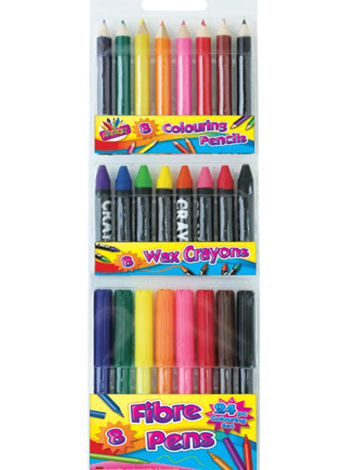 Children's Colouring Drawing Set Art Box Pencil Wax Crayon Fibre Tip Pen 24 pack