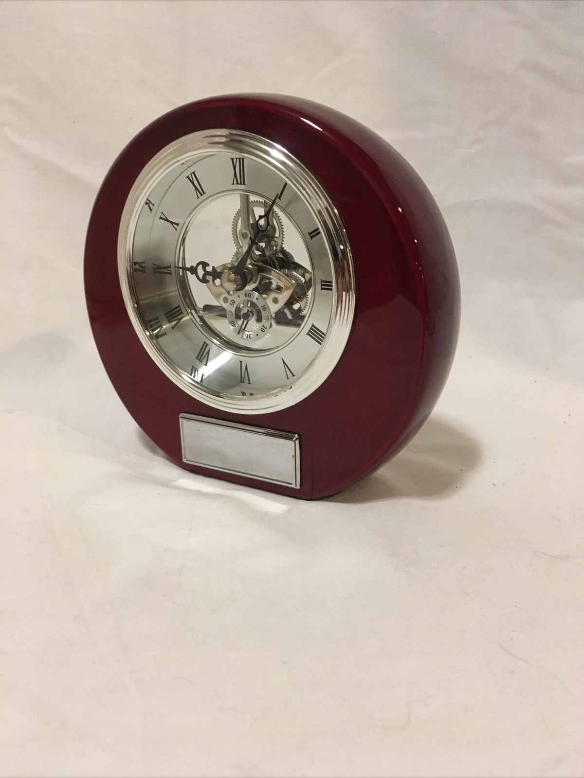 Executive Engraved Silver Gear Da Vinci Marquee Style Dark Cherry Desk Clock