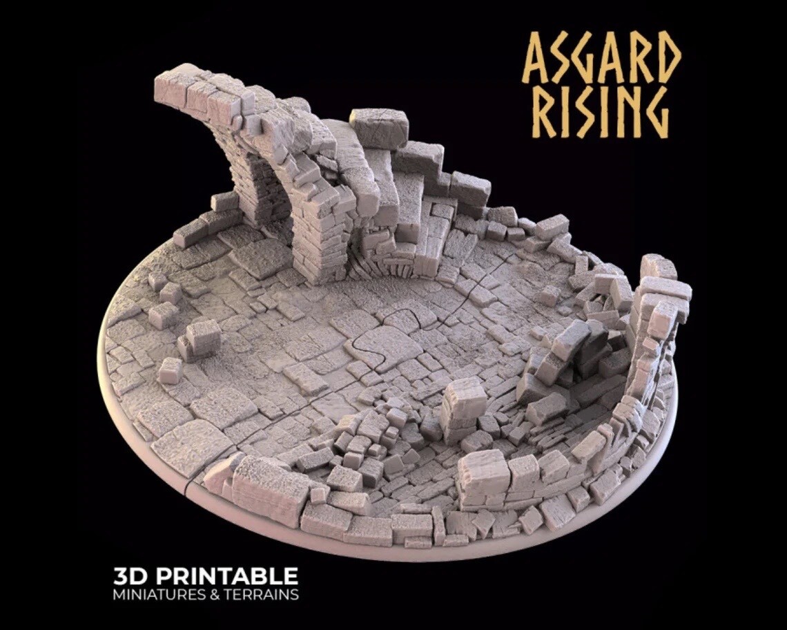 130mm Round Display Base-  Ruins - Asgard Rising