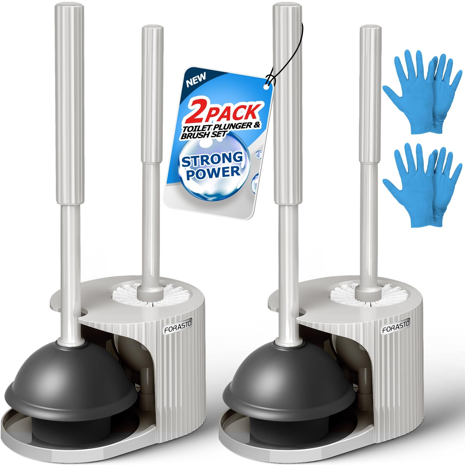 FORASTO 2Pack 2 in 1 Toilet Brush and Plunger Set, Extended 2Pack, Cream Grey