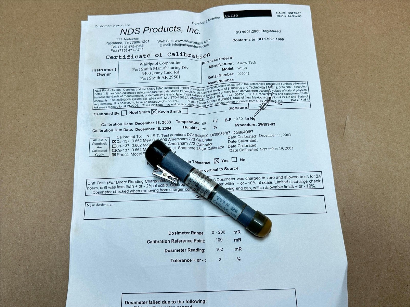 Arrow Tech Direct Reading Dosimeter W138 0.662 MeV