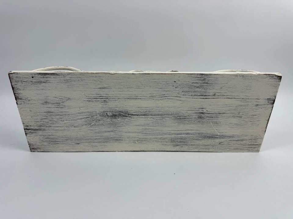 Distressed White Wood & Metal Wall Shelf With Scrollwork Decor
