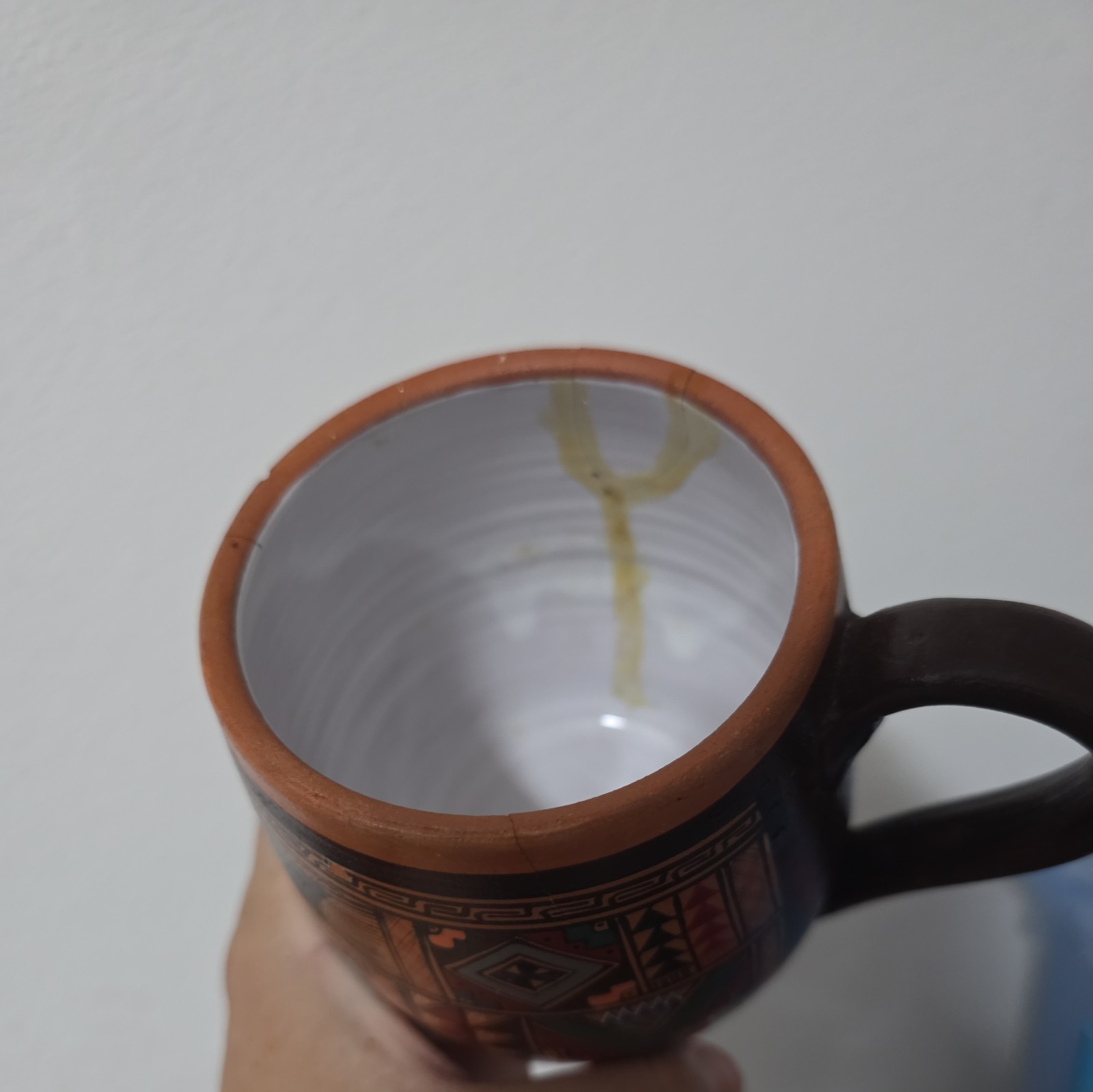 Vintage Hand Painted Clay Pottery Aztec Design Coffee Mug Cusco Peru’ Decor