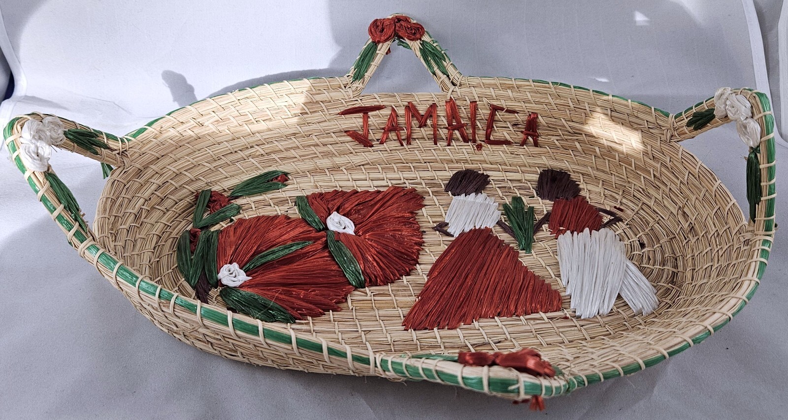 Hand Woven BREAD BASKET ~Jamaica -with embroidery 15"x11.5" plus HANDLES