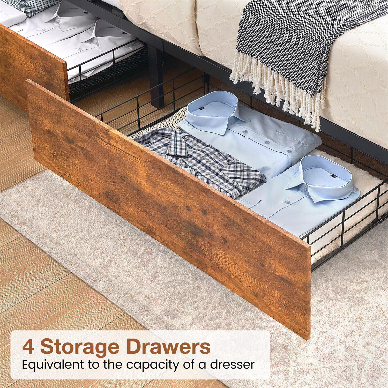 🔥✅Full Bed Frame with 4 Storage Drawers Metal Platform Bed Frame Headboard W/LE