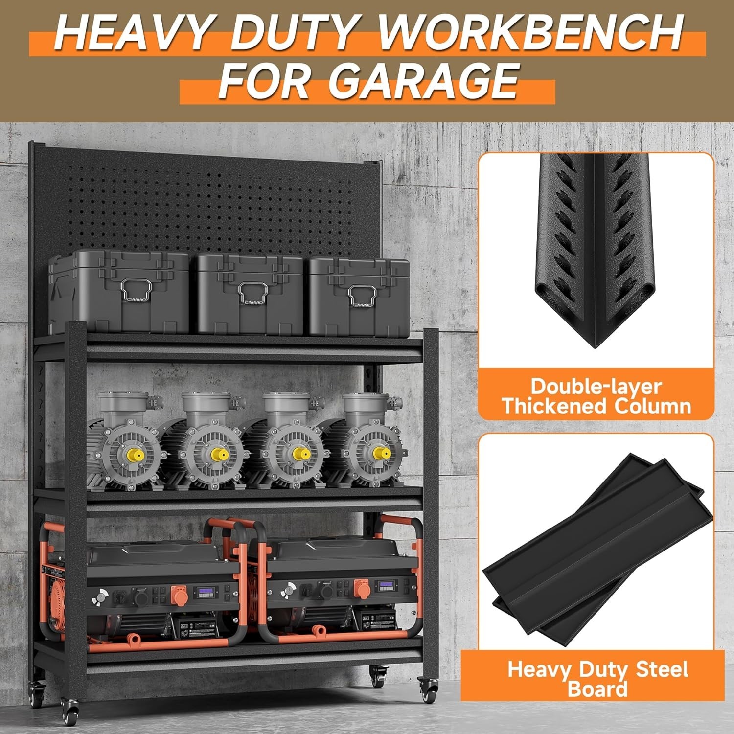 Workbench with Pegboard, Adjustable Heavy Duty Work Table with Wheels, Heavy Dut