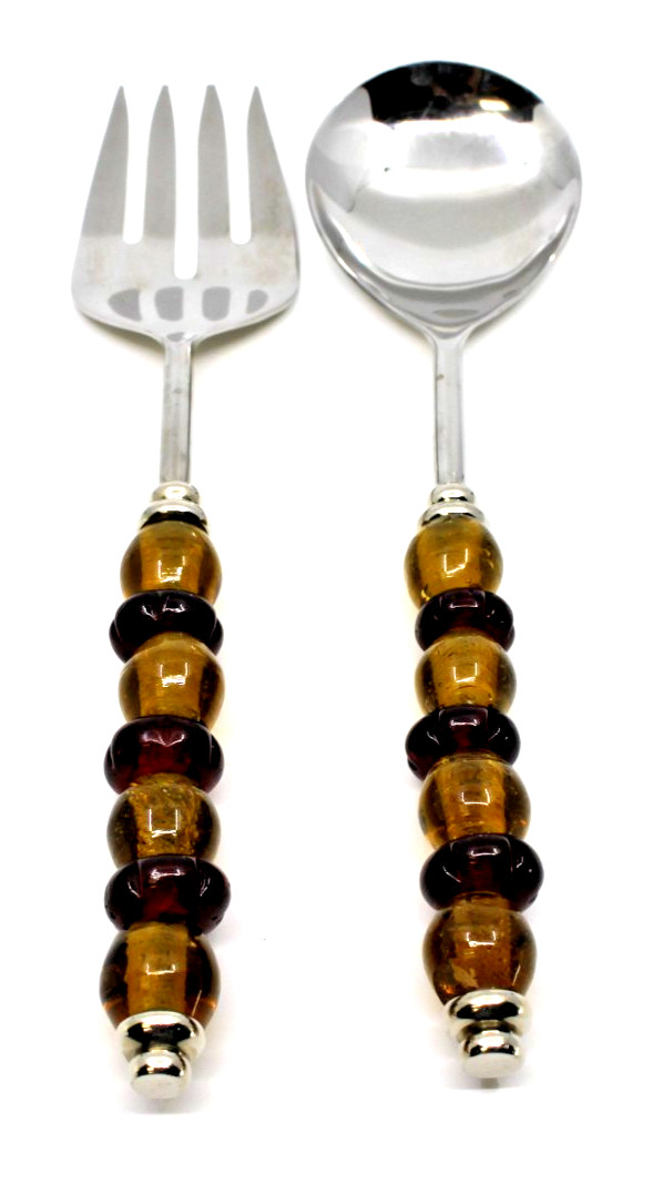 Stainless Steel Spoon And Fork Serving Set Amber Beaded Detail Utensils MCM