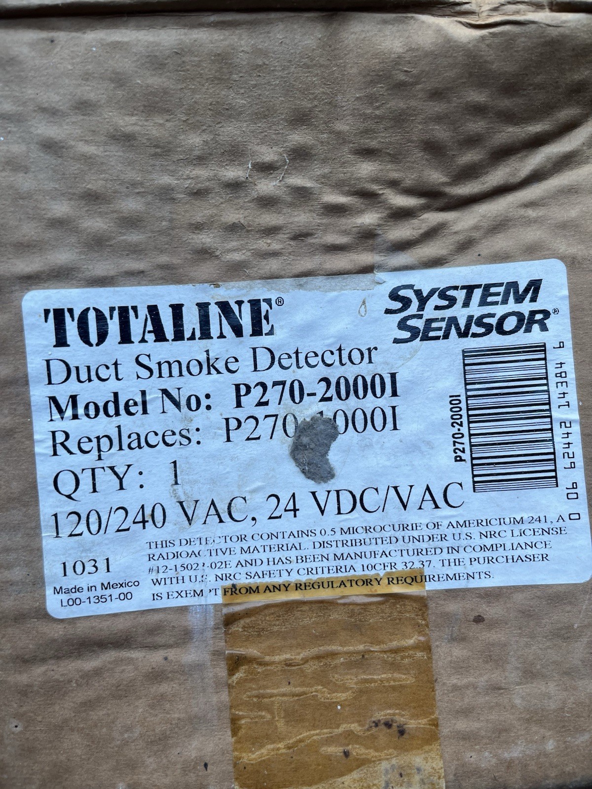 Totaline System Sensor P270-2000I Duct Smoke Detector - Old Stock Untested