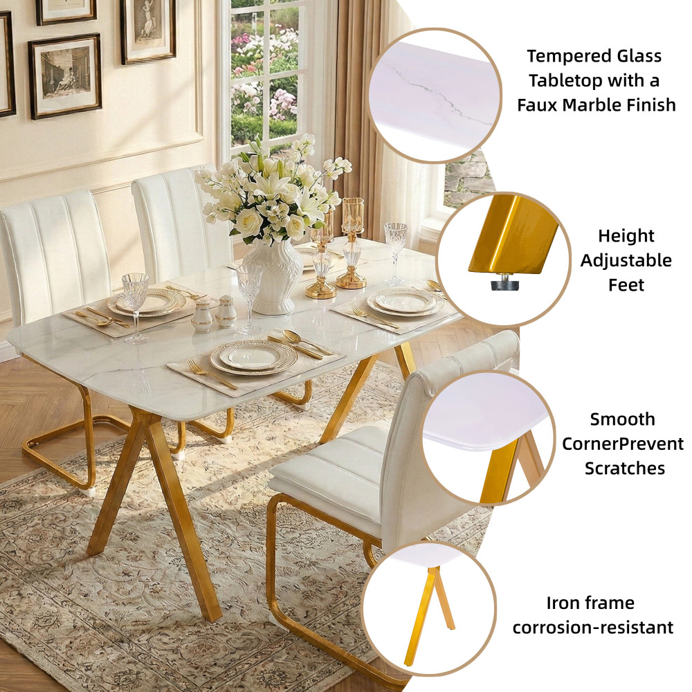Rectangular Dining Table Modern Tempered Glass Kitchen Table w/metal legs