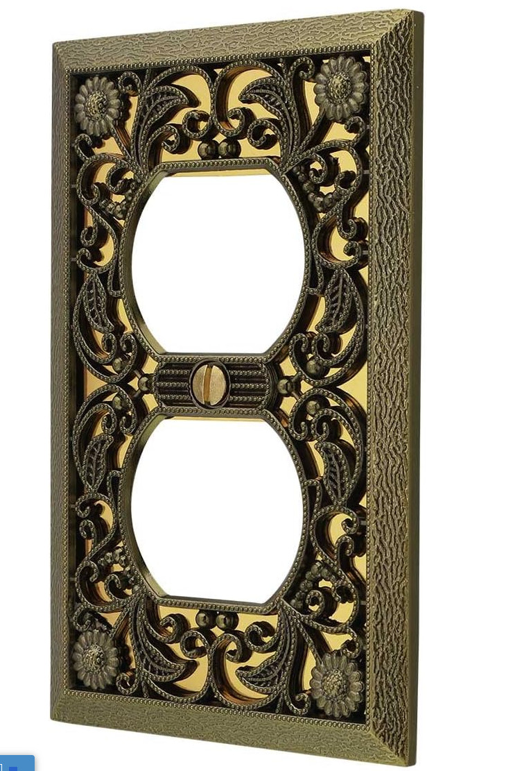 65DAB Filigree Wallplate, 1 Duplex, Antique Brass