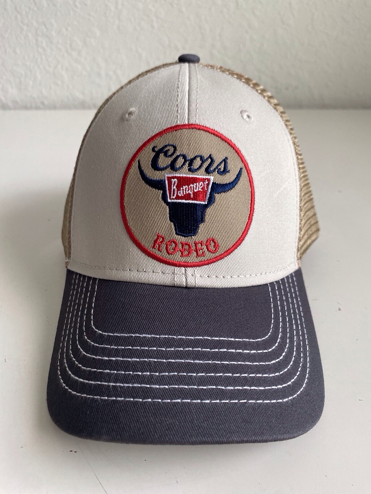 Coors Banquet Rodeo Embroidered Logo Mesh Snapback Hat Tan Blue Red Beige NEW