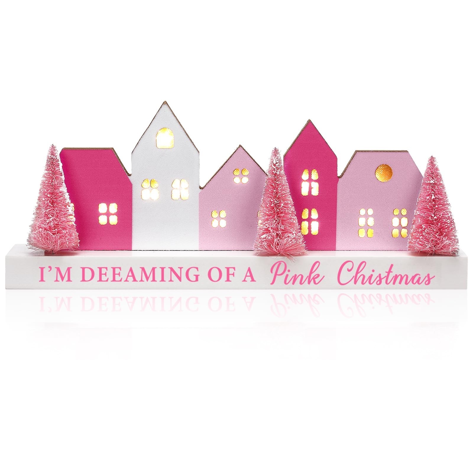 Amyhill Pink Lighted Wooden Christmas Tabletop House Village Decor Farmhouse ...