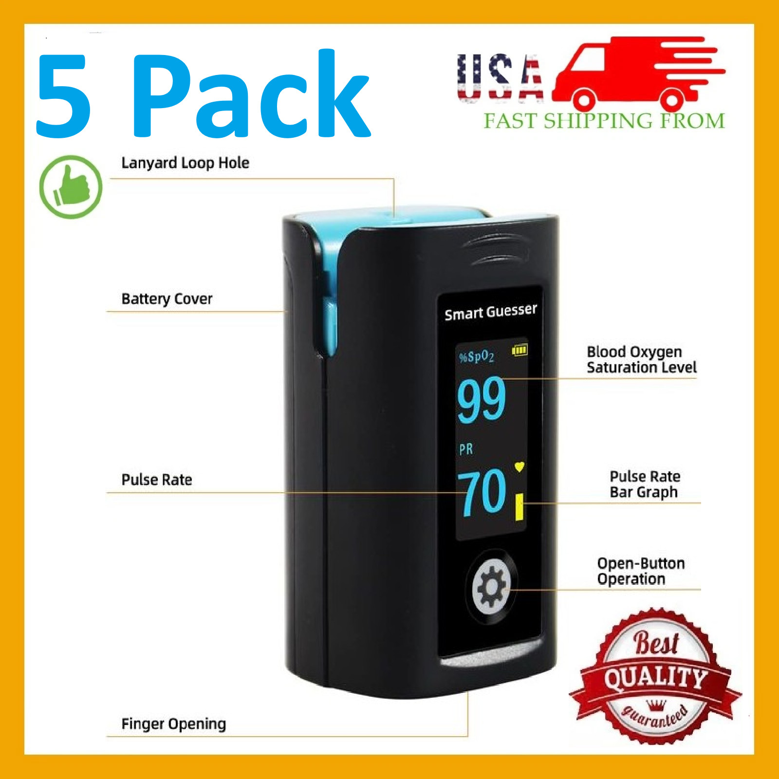 5 x Oximeter Pulse Fingertip SpO2 Heart Rate Blood Oxygen Saturation Monitor APP